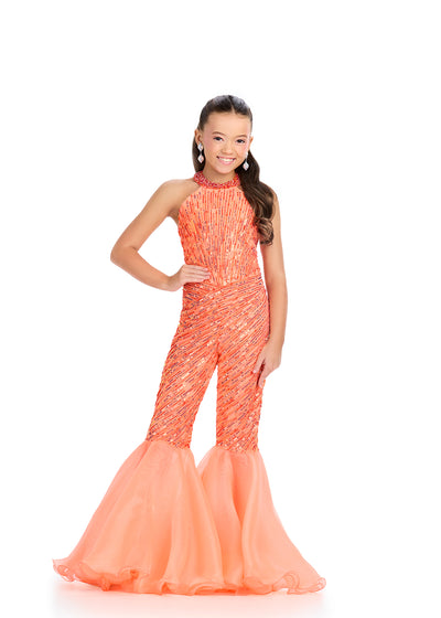 ASHLEYlauren 8318 Fully Beaded Jumpsuit with Halter Neckline, Open Back, and Organza Flare Pants