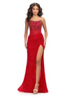 ASHLEYlauren 11238 | Red jaw-dropping strapless gown featuring a fitted silhouette, corset bustier with stunning crystal beadwork, a fully beaded wrap skirt, and a left leg slit for a glamorous red carpet-worthy look.
