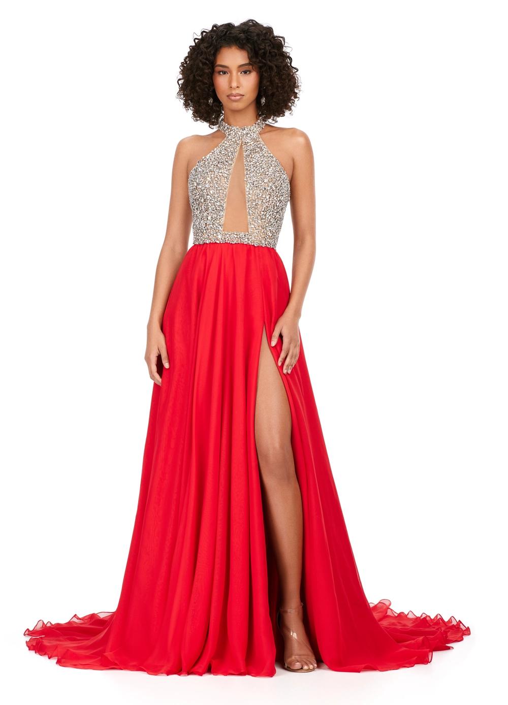 ASHLEYlauren 11248 - Beaded Halter A-Line Gown with Left Leg