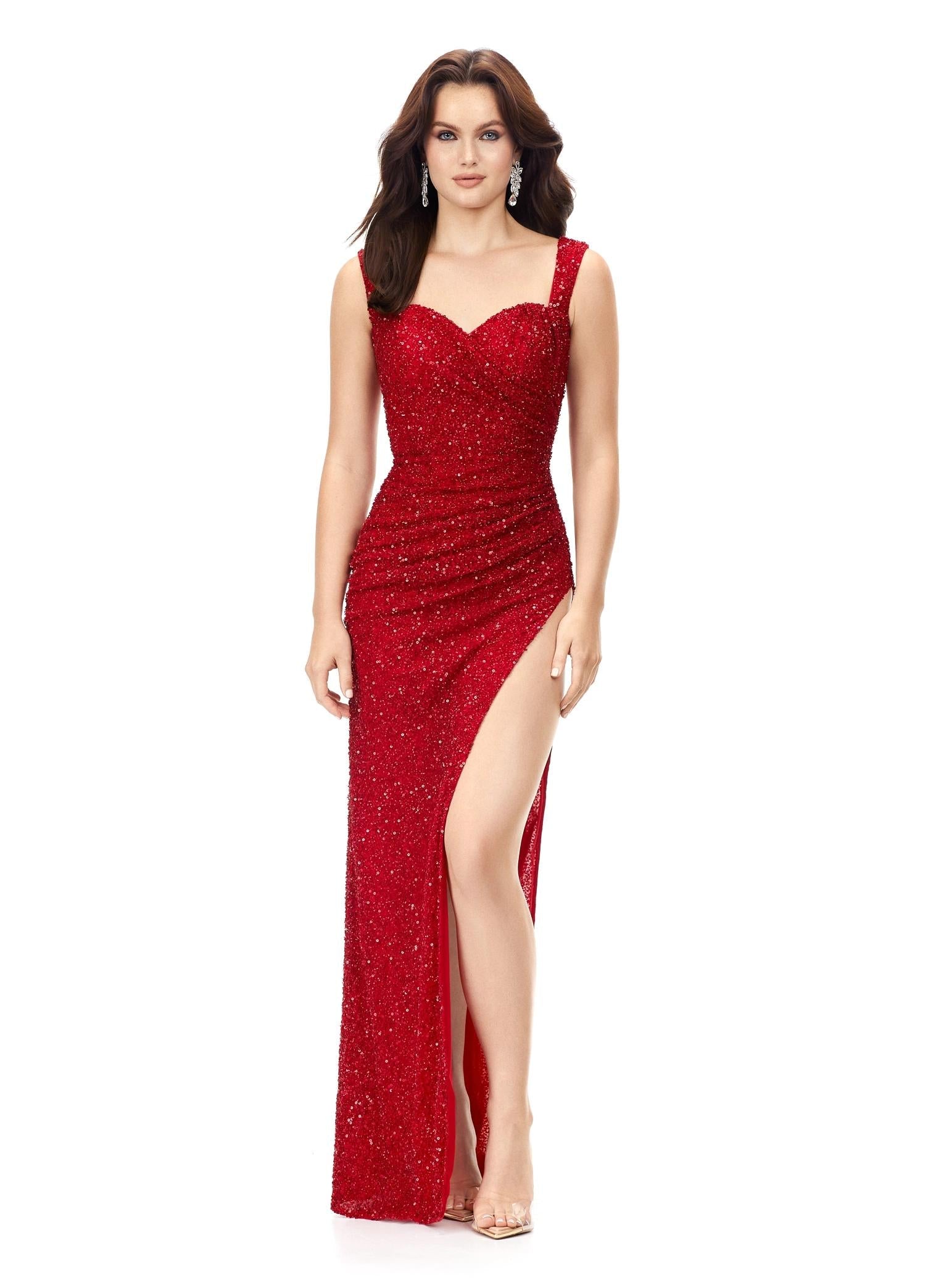 Red ASHLEYlauren 11278 hand-beaded gown featuring a sweetheart neckline, shoulder straps, ruched detailing throughout the bodice and skirt, and a left leg slit for a modern, old Hollywood glam look.