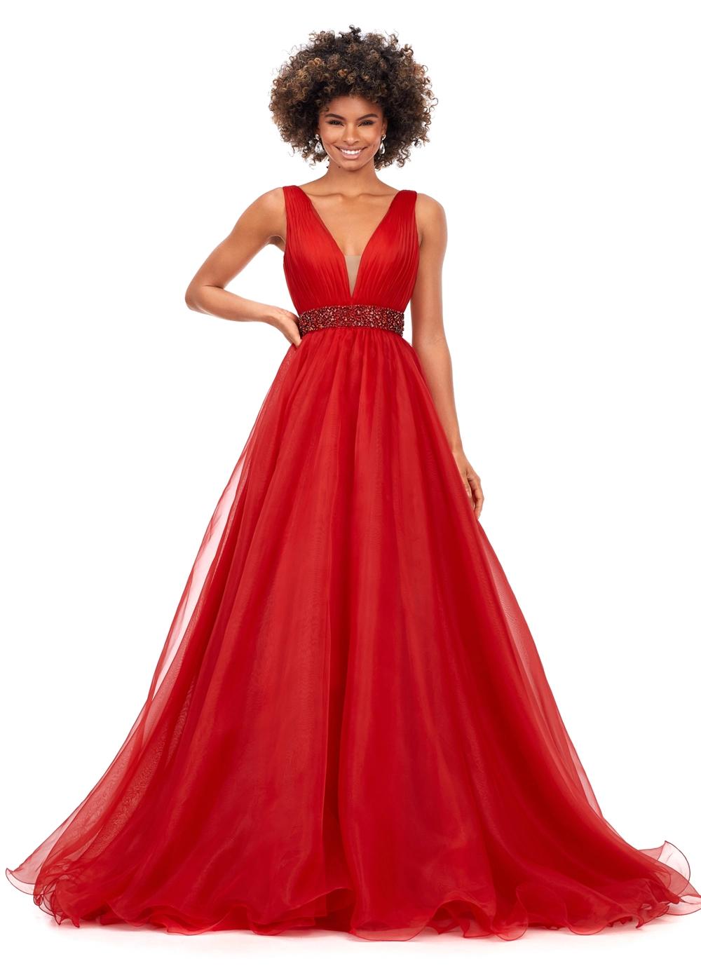 Red ASHLEYlauren 11305 stunning organza ball gown featuring a deep V-neckline, V-back, crystal-encrusted waistband, and a long, lavish train for an elegant and show-stopping look.