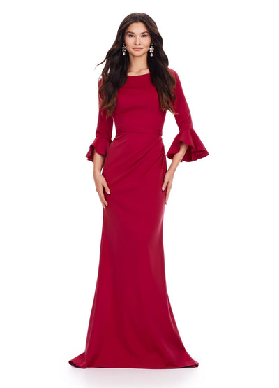 Red ASHLEYlauren 11325 Timeless Evening Gown with Scoop Neckline, Flutter Three Quarter Length Sleeves, Ruched Detailing, and Flowing Sweep Train