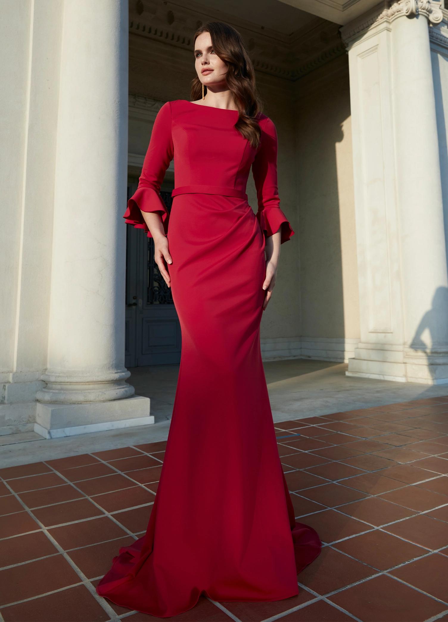 Red ASHLEYlauren 11325 Timeless Evening Gown with Scoop Neckline, Flutter Three Quarter Length Sleeves, Ruched Detailing, and Flowing Sweep Train
