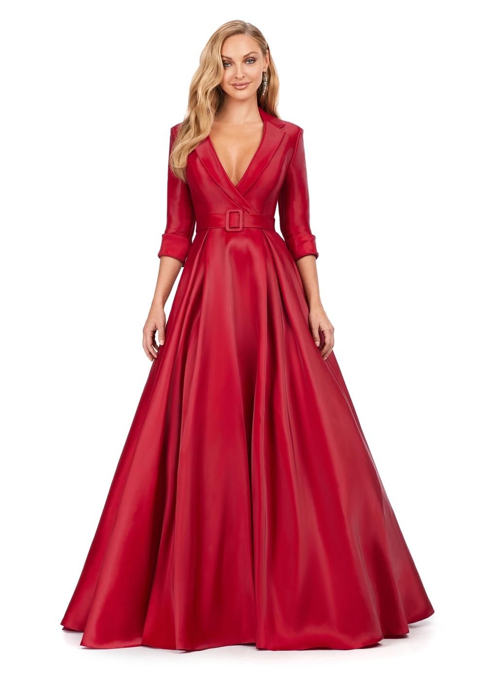 Red ASHLEYlauren 11326 Elegant Phantom Satin Ball Gown with V-Neckline, Wrap Lapel Detail, Buckled Waist Belt, Full Skirt, and Hidden Pockets