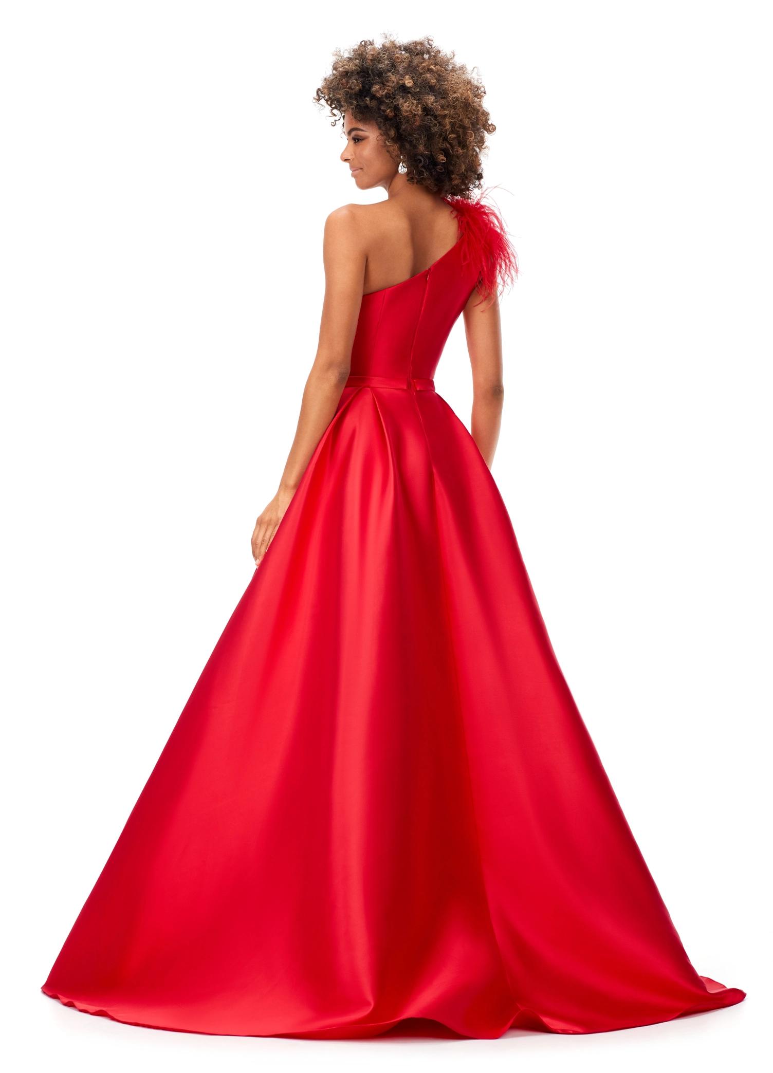 Back - Red ASHLEYlauren 11336 one shoulder ball gown in Mikado fabric, featuring feather-embellished neckline and a classic A-line skirt.
