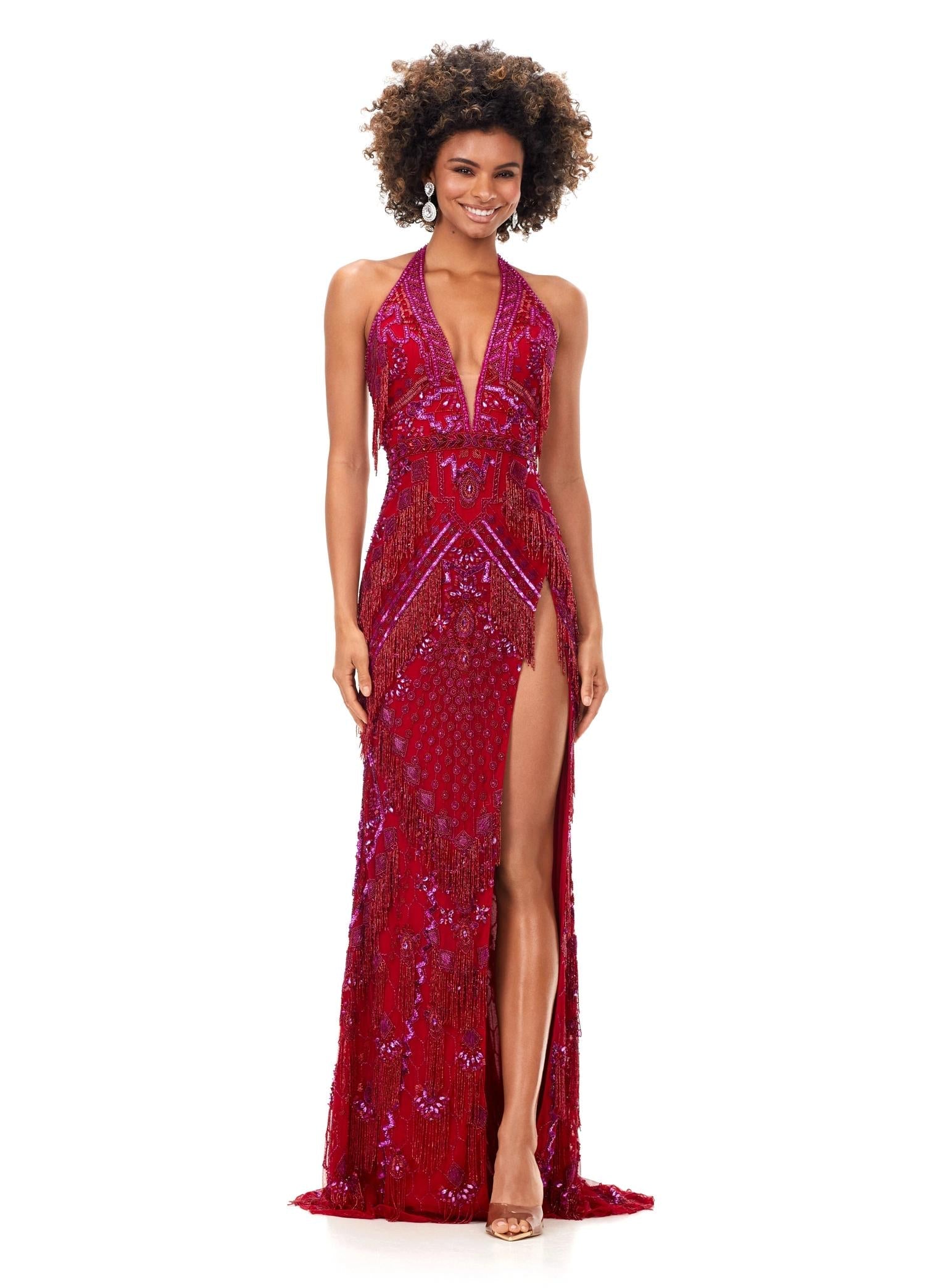 Red ASHLEYlauren 11341 stunning hand-beaded gown featuring a deep V-neckline halter top, intricate bead pattern, fringe accents, an open back, and a left leg slit for a bold and glamorous look.
