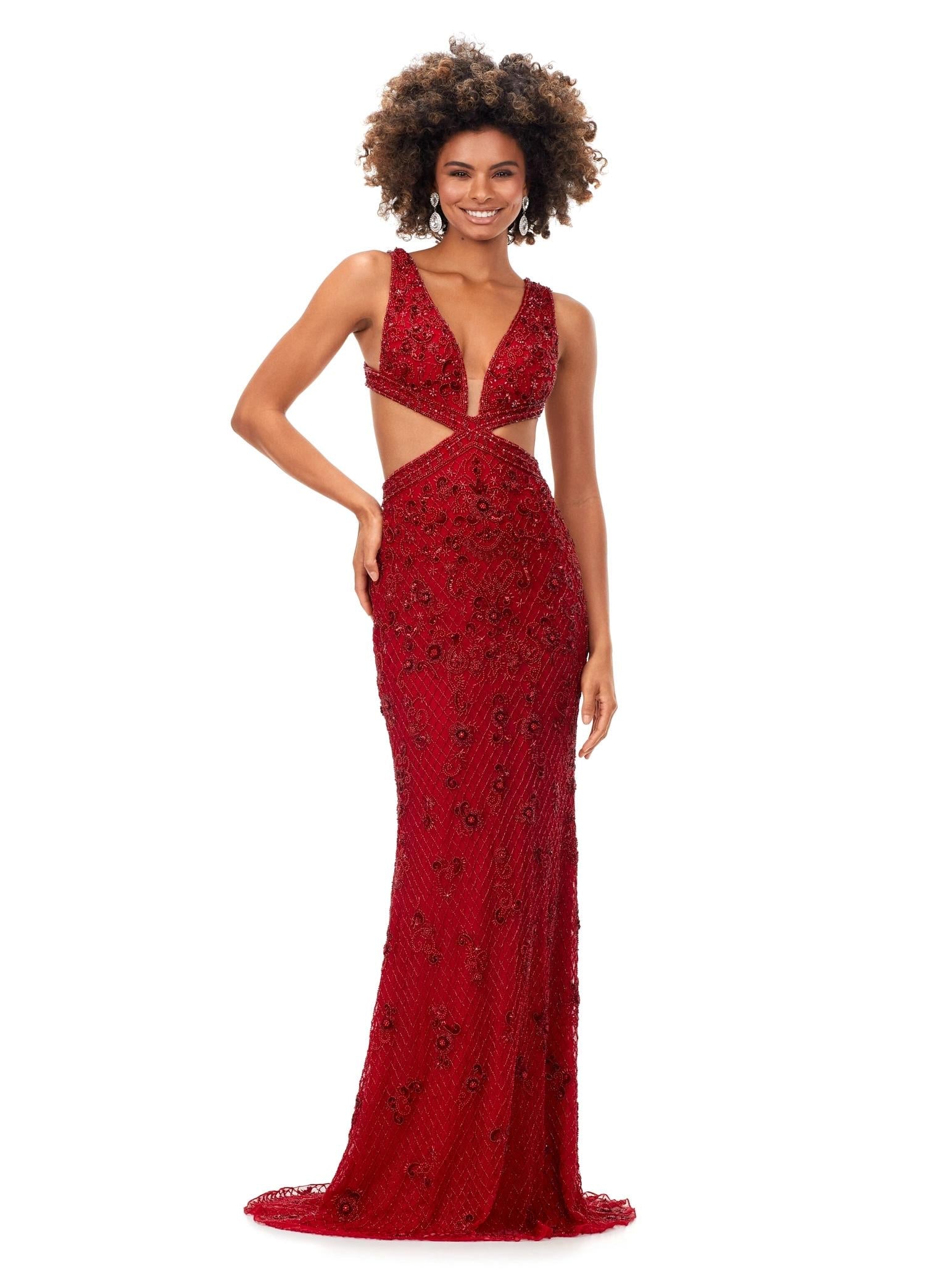 Red ASHLEYlauren 11366 stunning hand-beaded gown featuring a deep V-neckline, intricate bead pattern, side cut outs, a lace-up open back, and a sweep train for a bold and glamorous statement look.