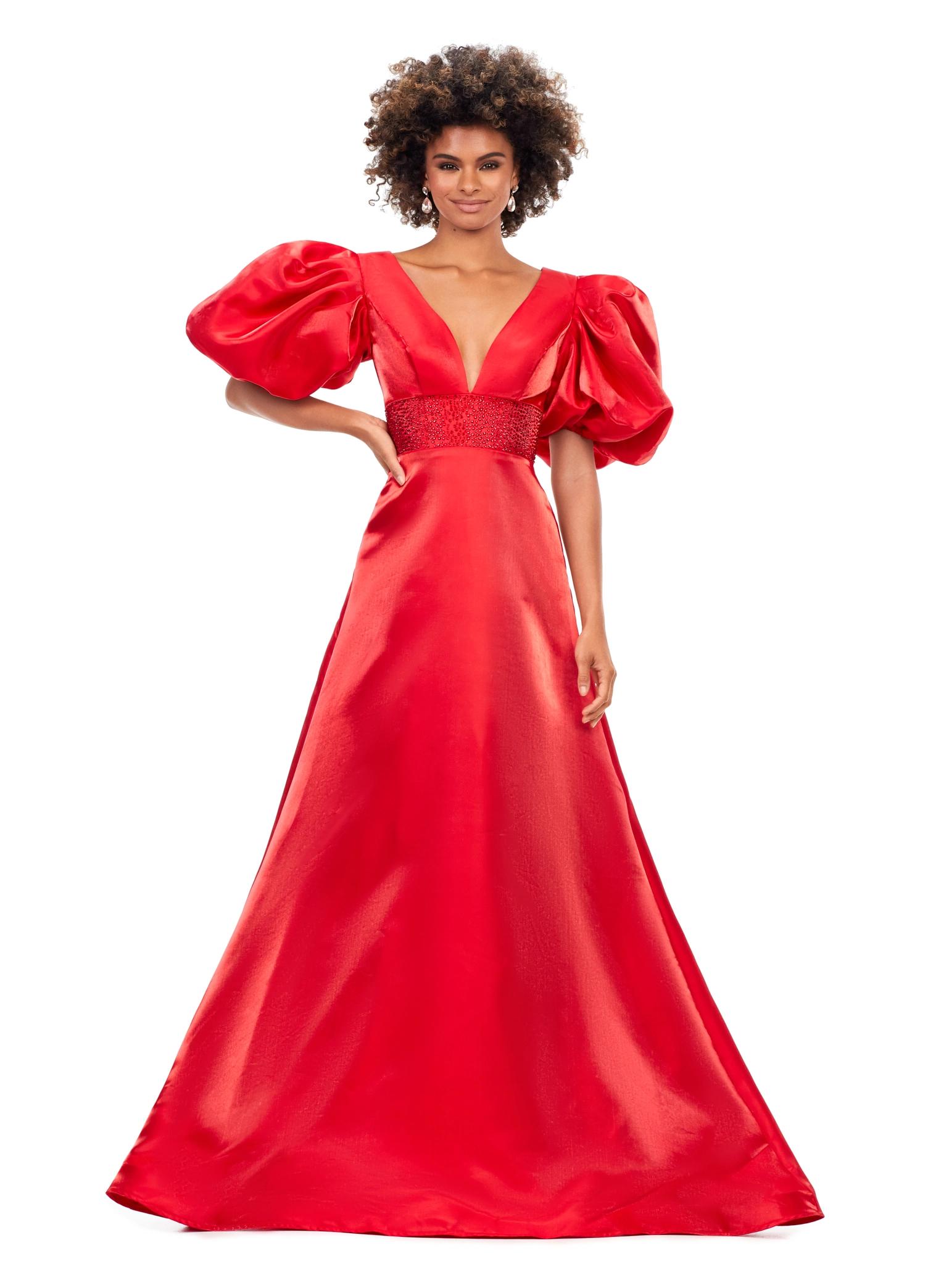Red ASHLEYlauren 11378 Elegant Shimmer Satin A-Line Gown with V-Neckline, V-Back, Oversized Puff Sleeves, and Heat Set Detailed Waistband