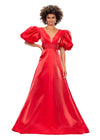 ASHLEYlauren 11379 | Red Elegant Shimmer Satin A-Line Gown with V-Neckline, V-Back, Oversized Puff Sleeves, and Heat Set Detailed Waistband