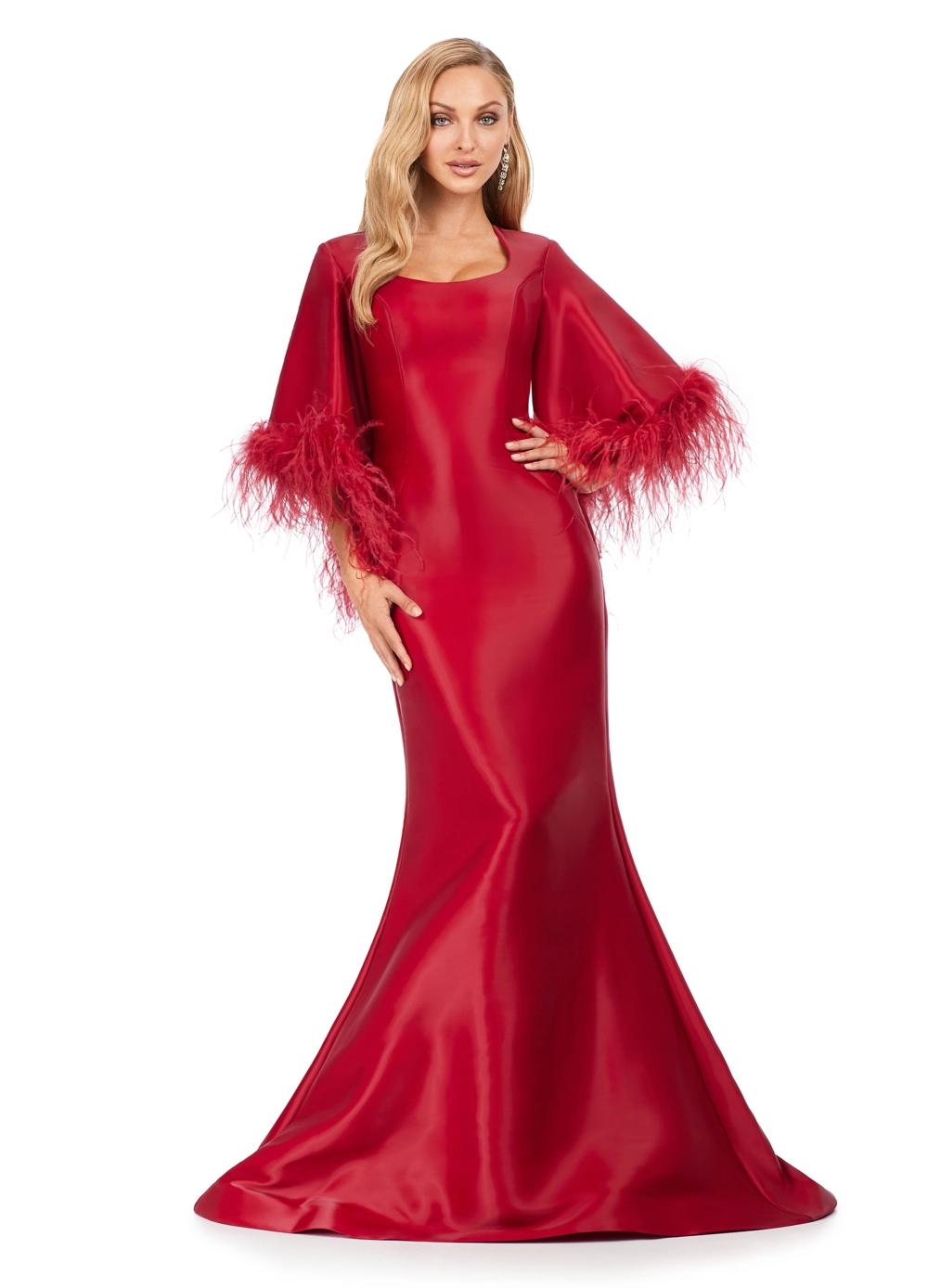 Red ASHLEYlauren 11381 Fit and Flare Phantom Satin Gown with Modern Scoop Neckline, Feather Detailed Flare Sleeves, and Horsehair Hem Skirt