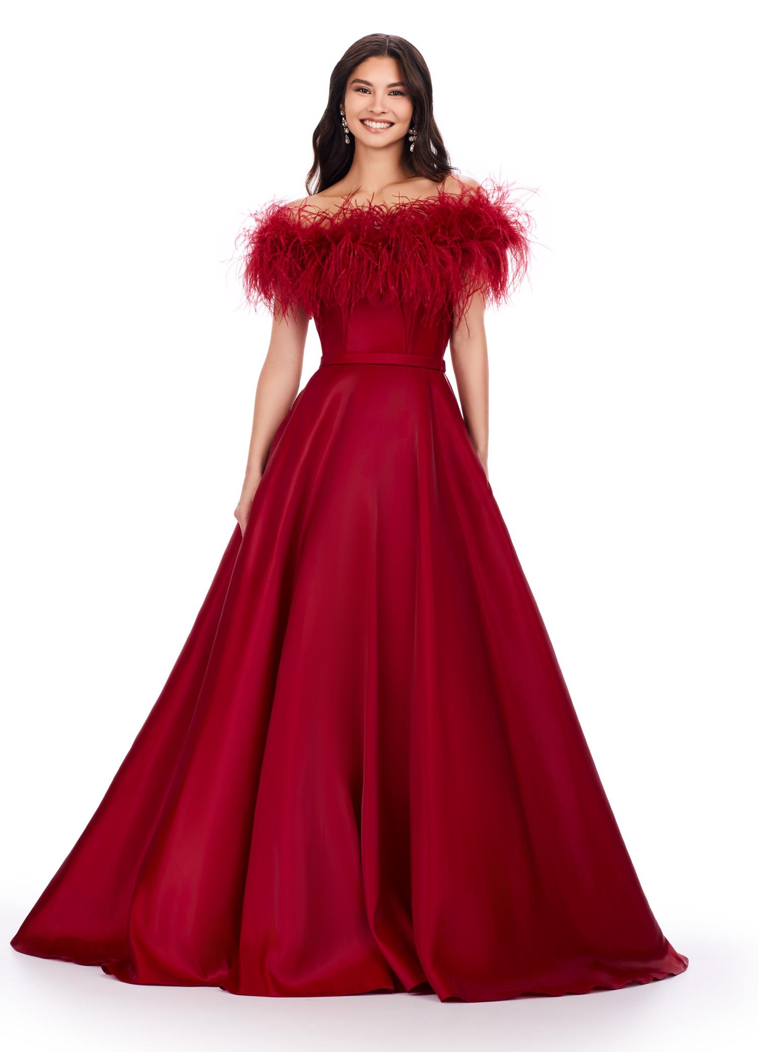 Red ASHLEYlauren 11382 Elegant Off Shoulder Ball Gown in Phantom Satin with Feather Accent Neckline and Flowing A-Line Skirt