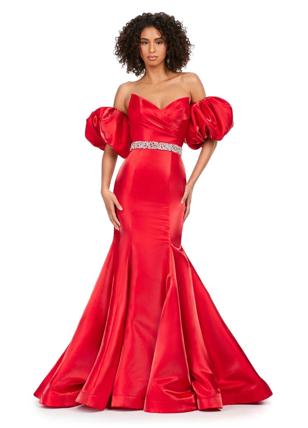 Red ASHLEYlauren 11419 Strapless Satin Gown with Sweetheart Neckline, Voluminous Puff Sleeves, Mermaid Silhouette, and Sparkling Jeweled Belt