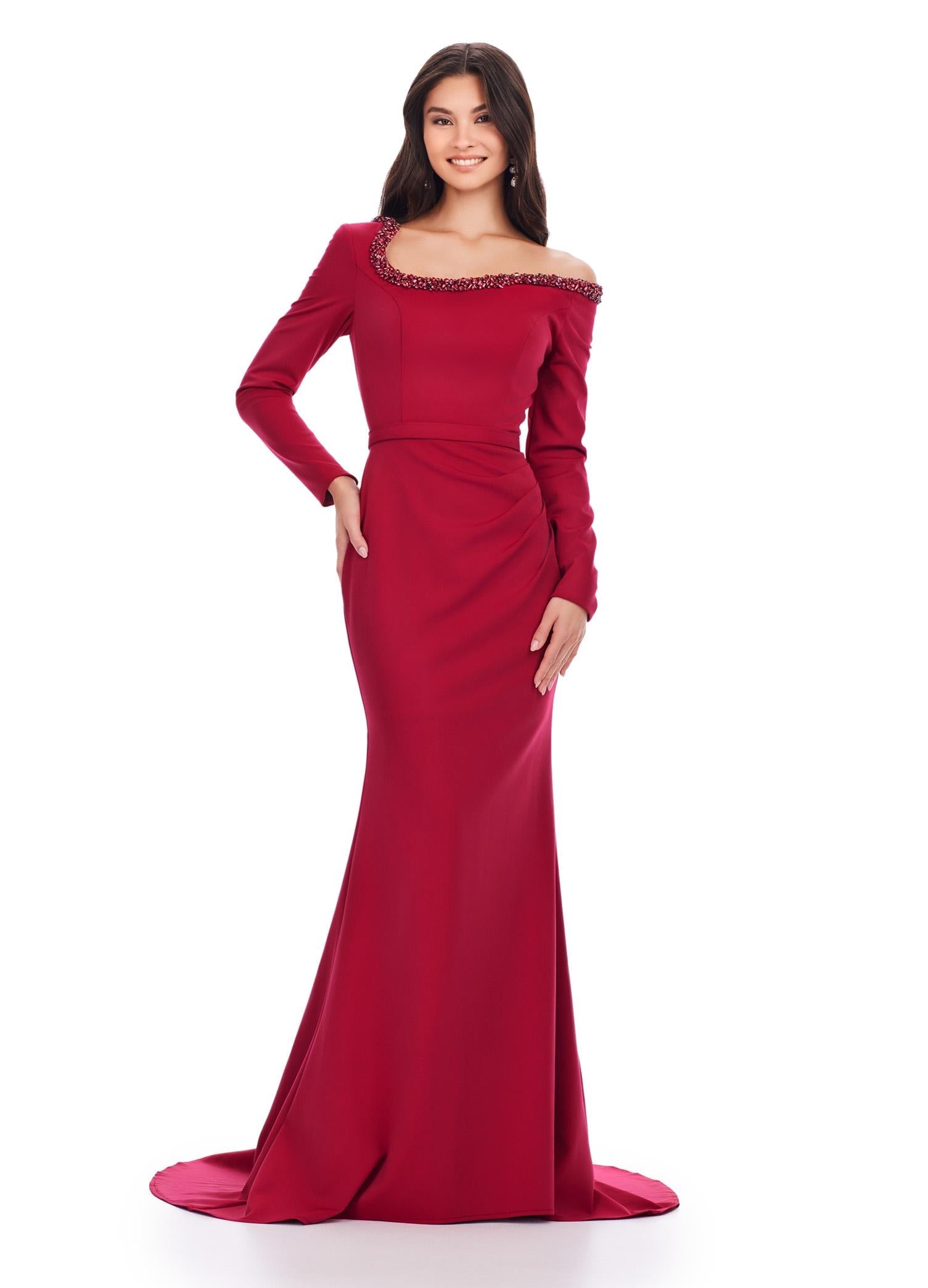 Red ASHLEYlauren 11450 Chic Long Sleeve Scuba Gown with Asymmetrical Off Shoulder Beaded Neckline and Flattering Ruched Hip Detailing