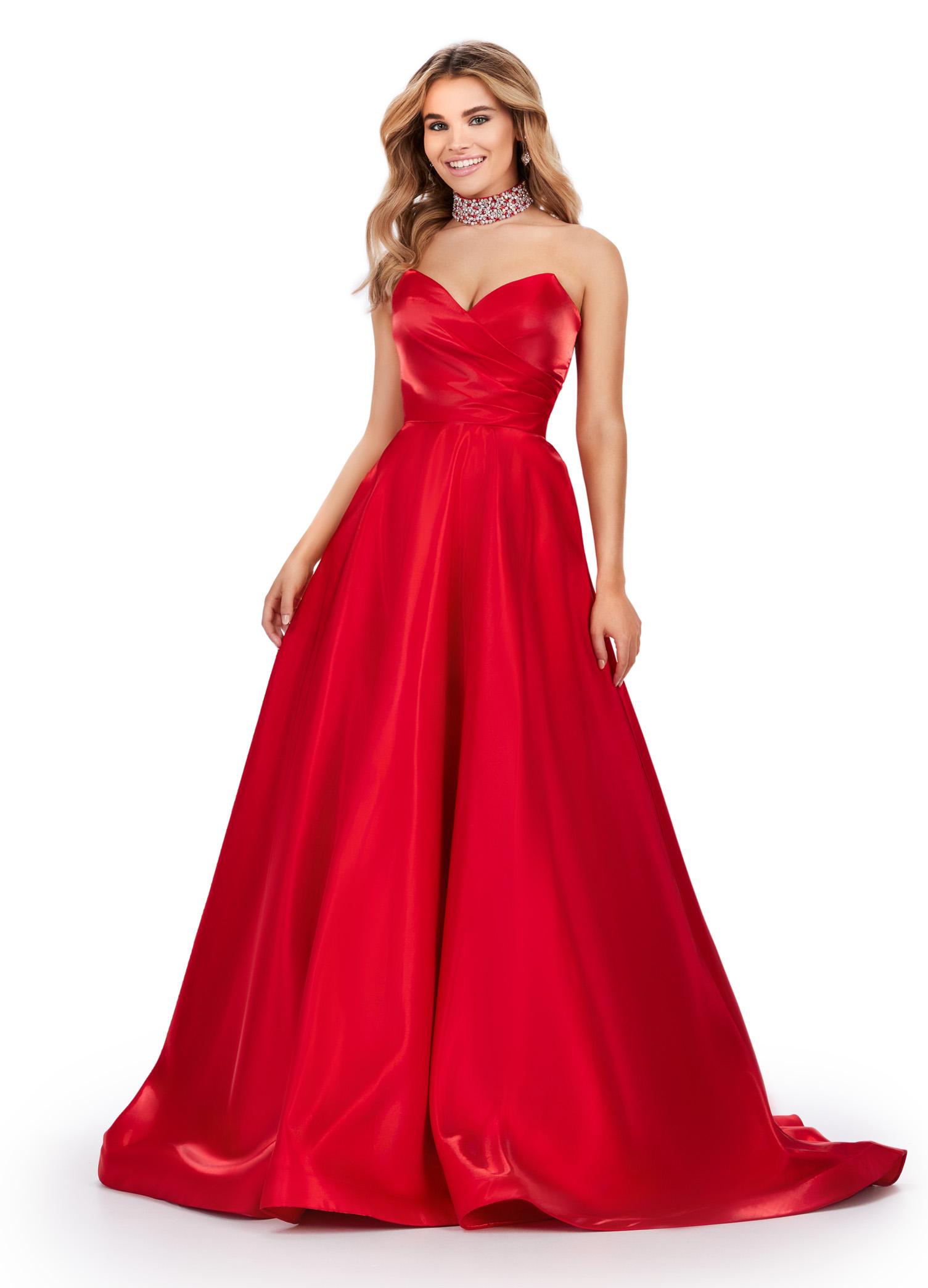 Red ASHLEYlauren 11473 elegant A-line satin ball gown featuring a strapless sweetheart neckline, ruched bustier, and a fully beaded matching choker for a timeless and glamorous look.