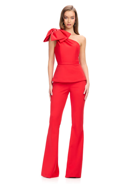 ASHLEYlauren 11699 One Shoulder Bow Scuba Jumpsuit
