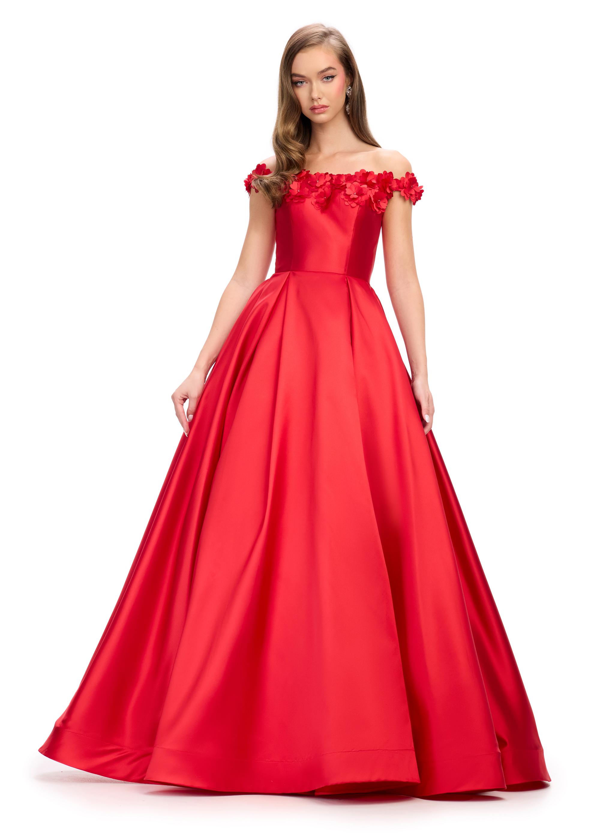 Red ASHLEYlauren 11771 elegant Mikado A-line ball gown featuring an off shoulder neckline, unique floral detailing, and a full ball gown skirt for a romantic and sophisticated look.
