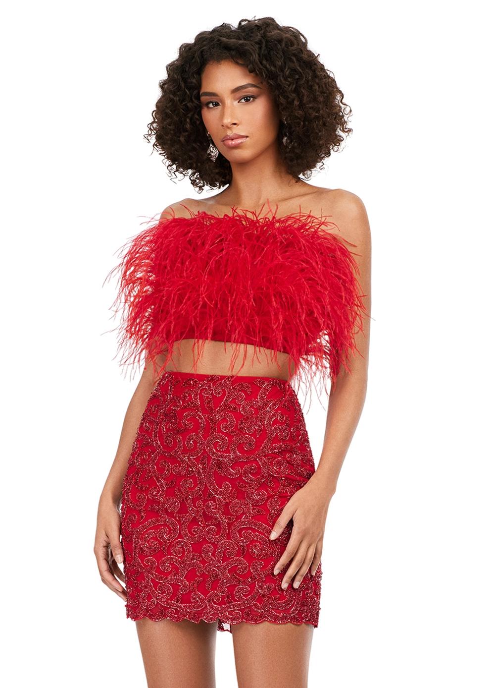 Red ASHLEYlauren 4599 – A stunning two-piece set featuring a strapless feather bustier and a fully beaded fitted skirt. This gorgeous, statement-making outfit is a must-have addition to your closet.