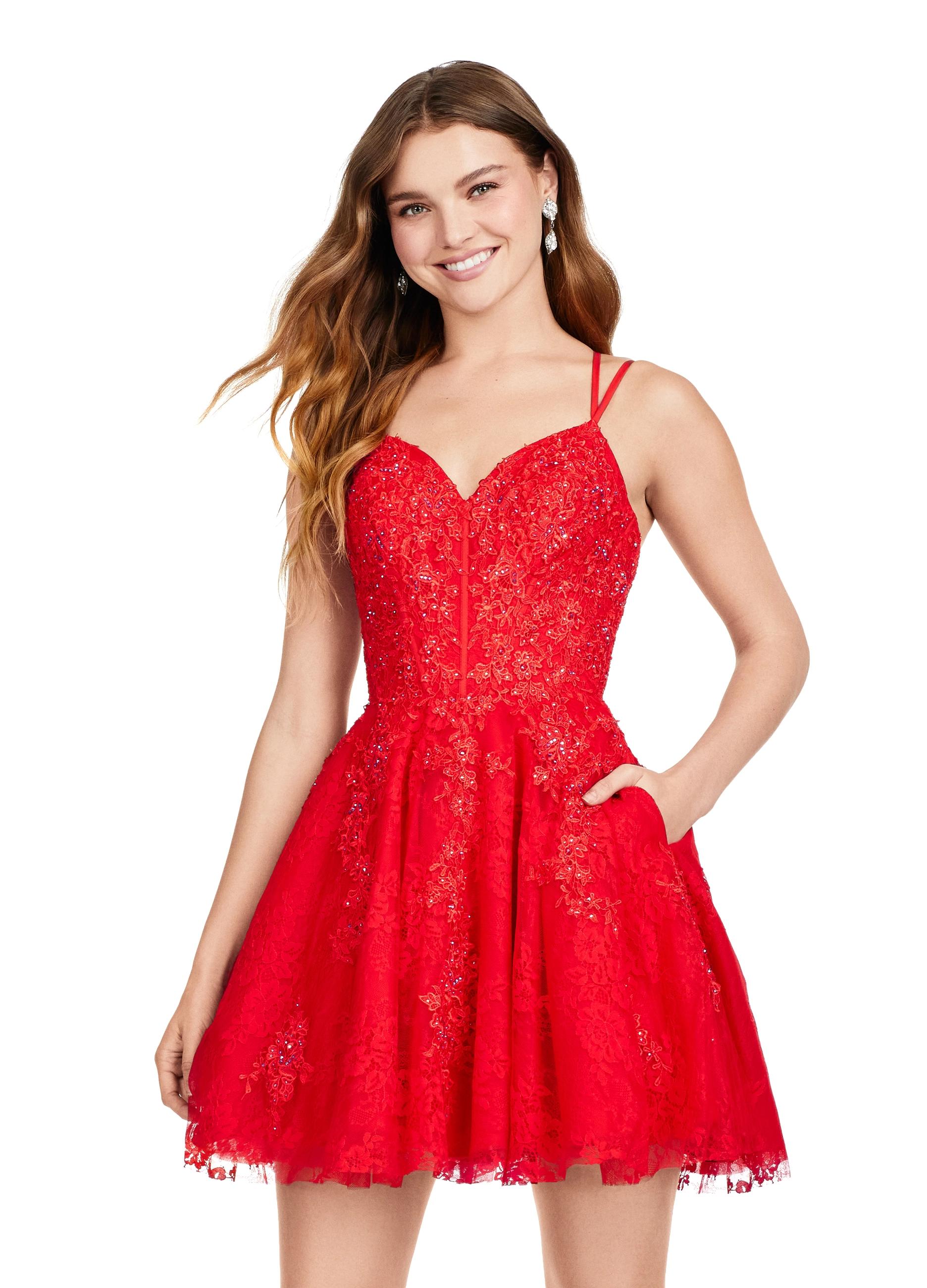  Red ASHLEYlauren 4655 cocktail dress featuring a sweetheart neckline, intricate lace and embroidery details, lace-up back, and an A-line skirt for an elegant and dance-ready look.