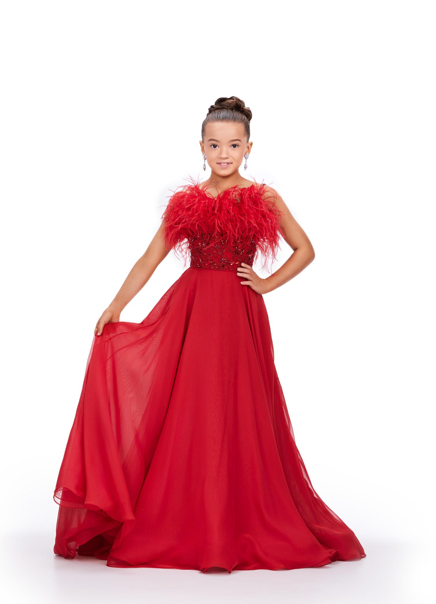 Red ASHLEYlauren 8236 fun and flowy A-line ball gown featuring delicate spaghetti straps, a beaded bustier adorned with a mix of beads and feathers, creating a bold and statement-making look.