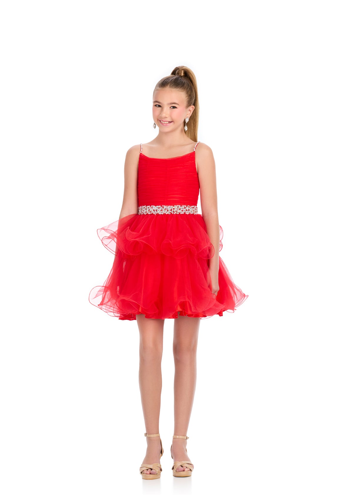 Red ASHLEYlauren 8279 adorable tulle kids cocktail dress featuring a ruched bodice, V-back, beaded waistband and straps, and a tiered ruffle A-line skirt for a fun and elegant look.