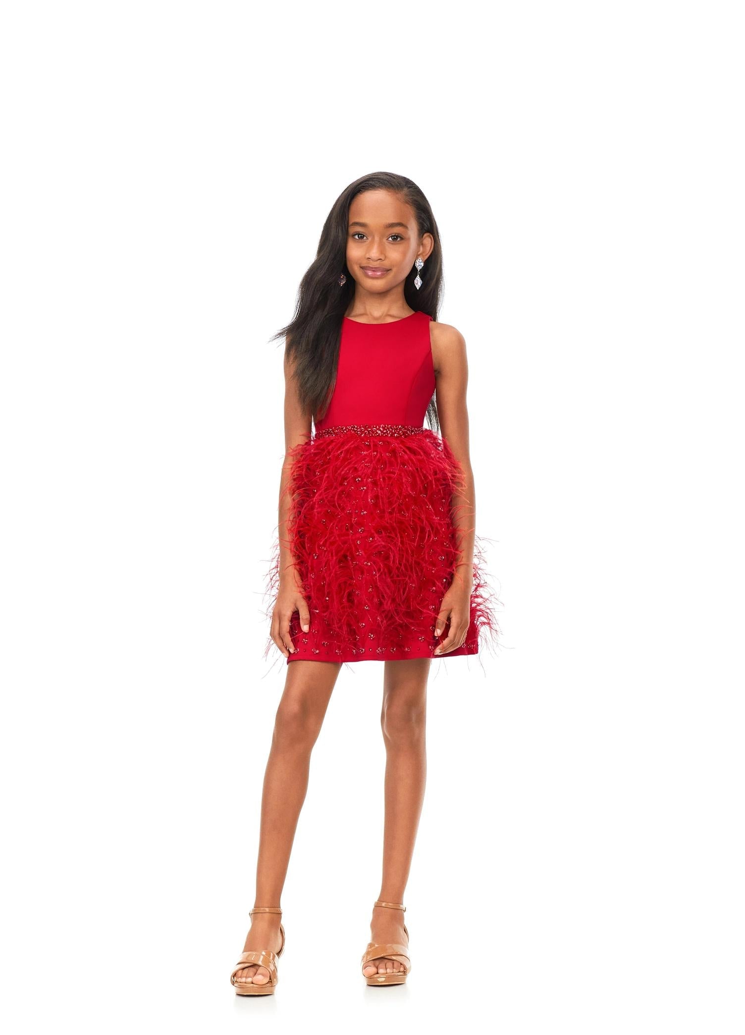 Red ASHLEYlauren Kids 8176 fabulous feather cocktail dress featuring a crew neckline, open back, crystal-encrusted waistband, and a full feather skirt accented with scattered crystals for a glamorous and standout look.