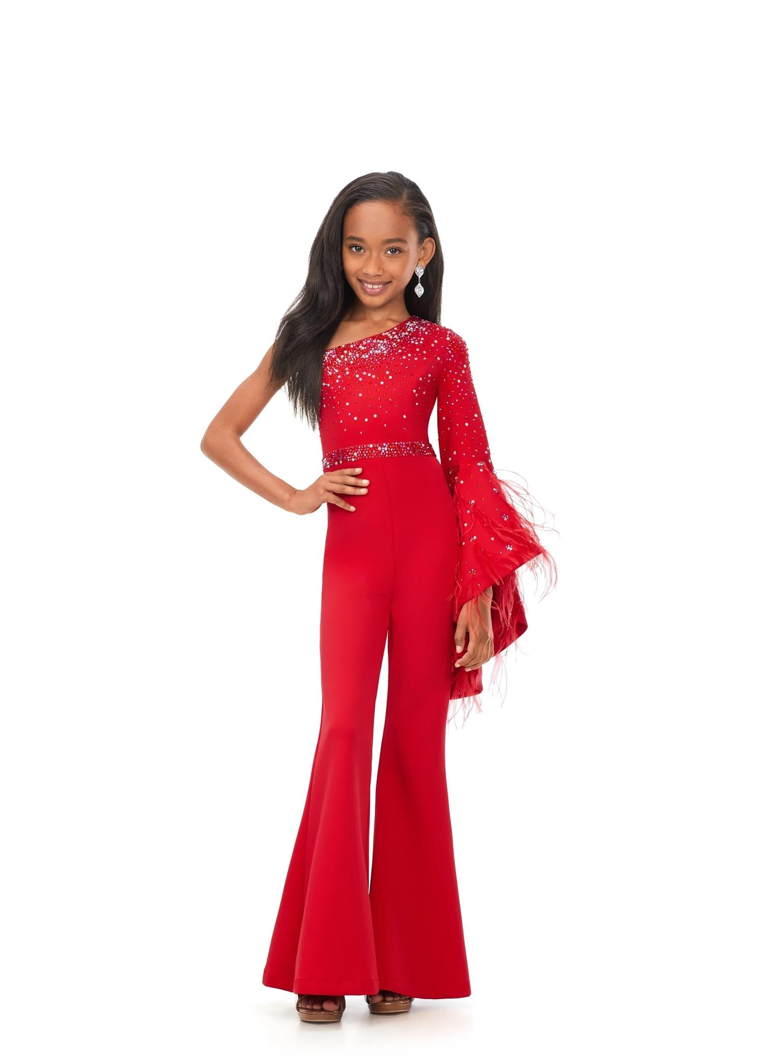 Red ASHLEYlauren Kids 8178 One Shoulder Scuba Jumpsuit with Feather Bell Sleeve and Stone Accents