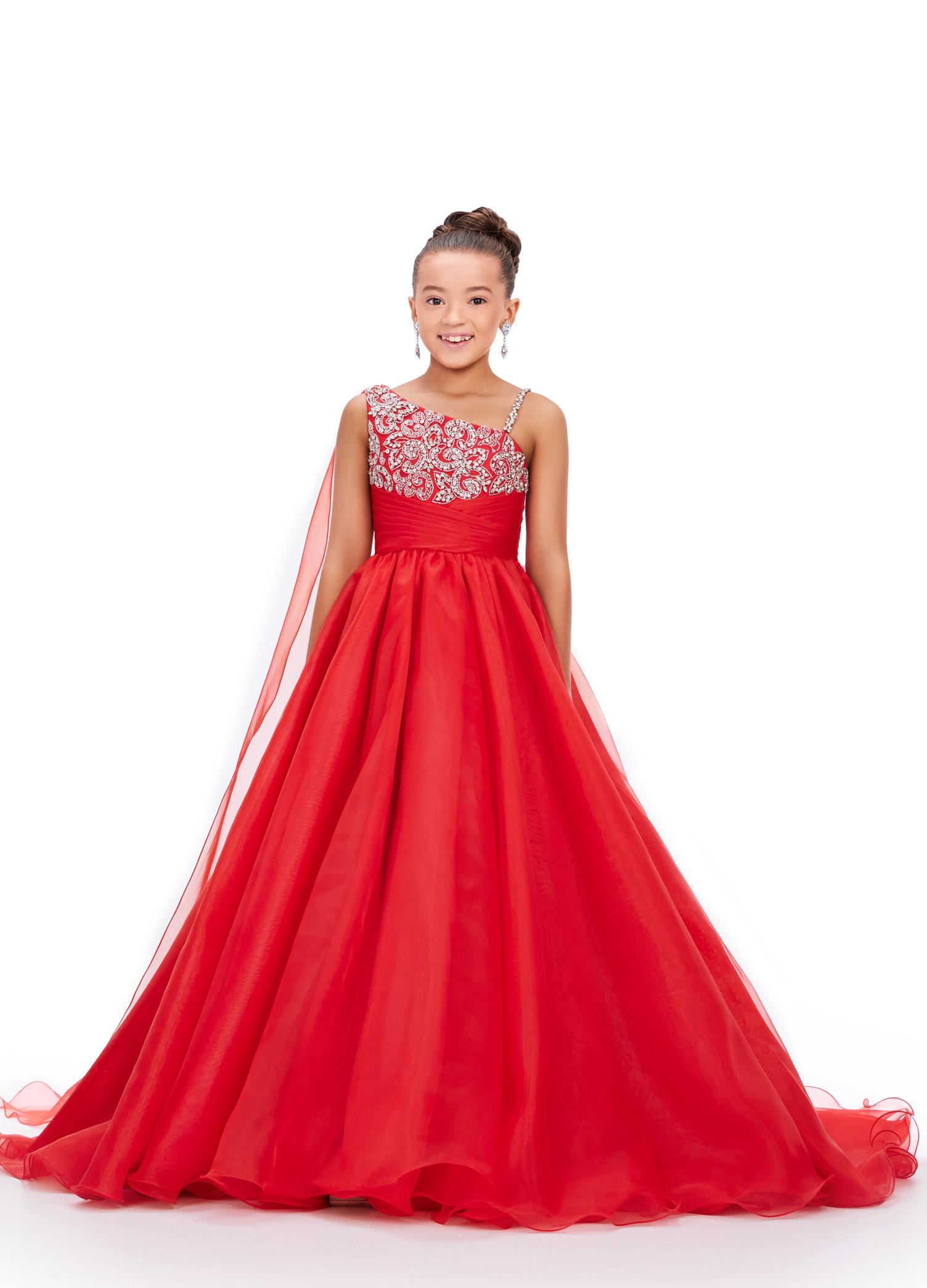 Red ASHLEYlauren Kids 8212 One Shoulder Organza Ball Gown with Beaded Bodice and Cape