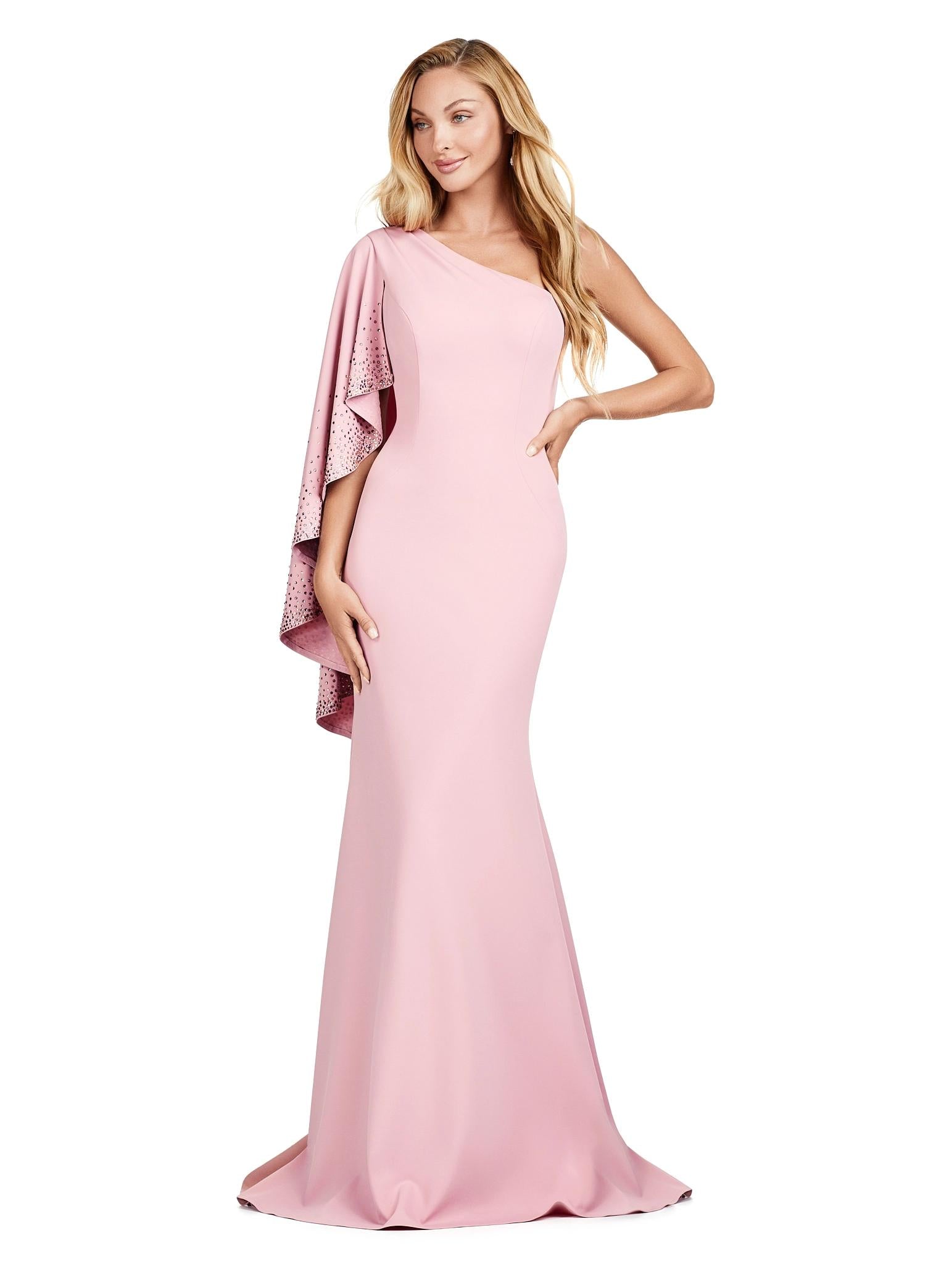 Rose ASHLEYlauren 11421 Classic One Shoulder Fitted Scuba Gown with Dramatic Ruffle Capelet Adorned in Press On Stones
