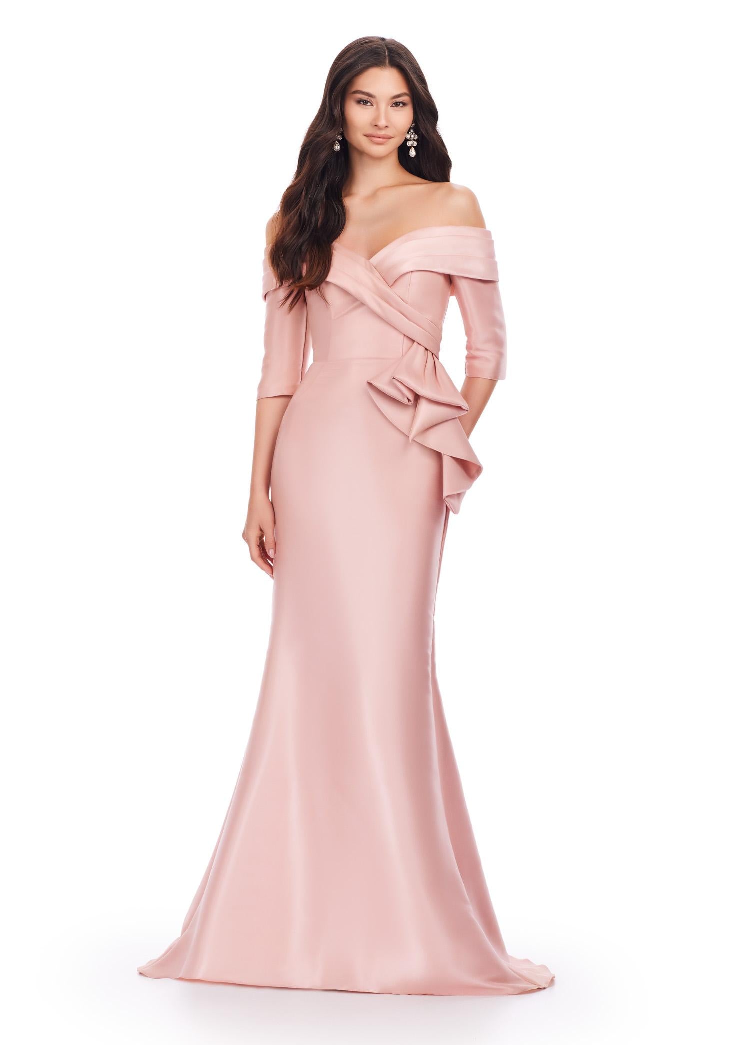 Rose Gold ASHLEYlauren 11324 Elegant Off Shoulder Fitted Mermaid Gown in Phantom Satin with Statement Ruffle Detail at the Hip