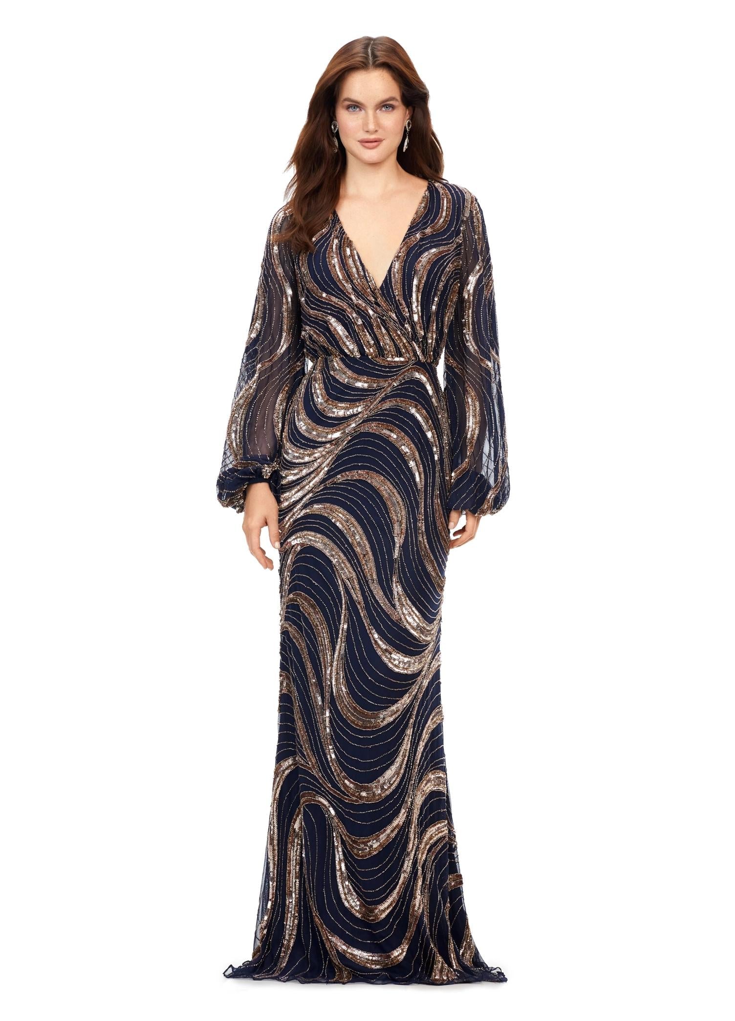 Rose Gold/Navy ASHLEYlauren 11210 Modern Hand Beaded Gown with V-Neckline, Flowing Balloon Sleeves, Intricate Bead Motif, and High Back