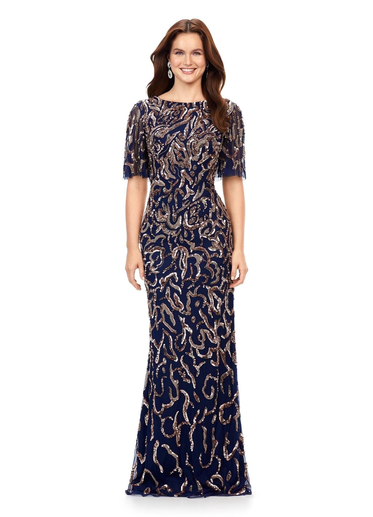 Rose Gold/Navy ASHLEYlauren 11216 Elegant Fully Hand Beaded Gown with Crew Neckline, Flowing Butterfly Sleeves, Intricate Sequin Beading, and Keyhole Back Detail