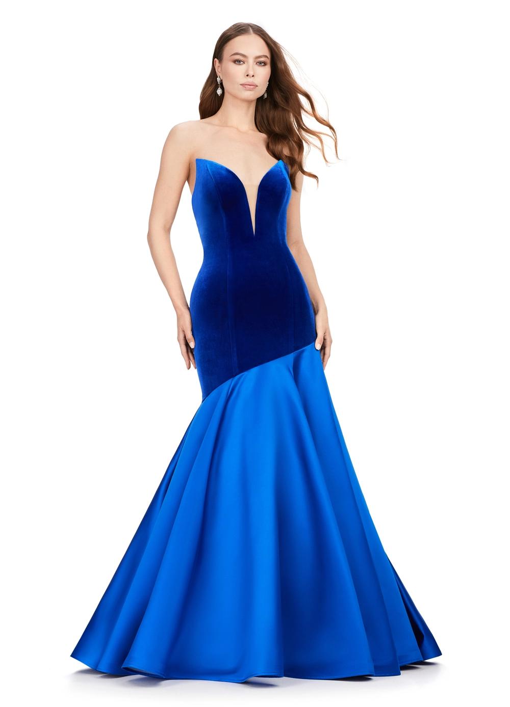 Royal ASHLEYlauren 11264 show-stopping mermaid gown featuring a deep V-neckline, luxurious velvet bustier, asymmetrical satin flare skirt, and a sweep train for a bold and glamorous statement look.