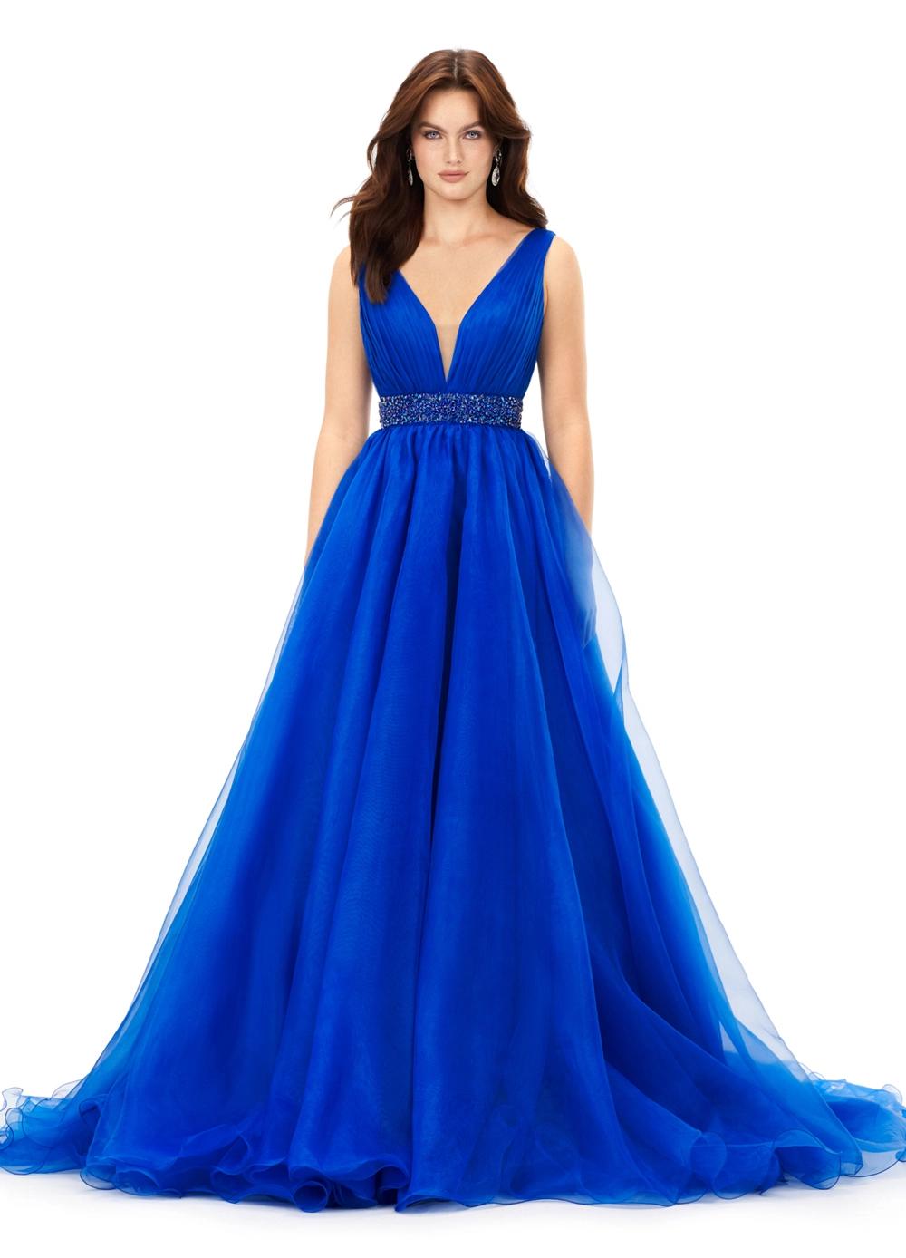 Royal ASHLEYlauren 11305 stunning organza ball gown featuring a deep V-neckline, V-back, crystal-encrusted waistband, and a long, lavish train for an elegant and show-stopping look.