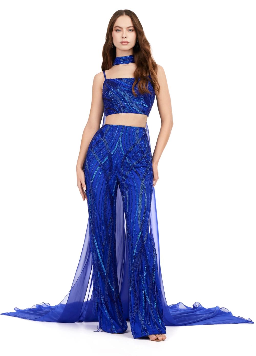 Royal ASHLEYlauren 11385 statement two-piece jumpsuit featuring an intricately hand-beaded bustier and pants, a matching beaded choker, and a dramatic chiffon cape for a bold and fashion-forward look.