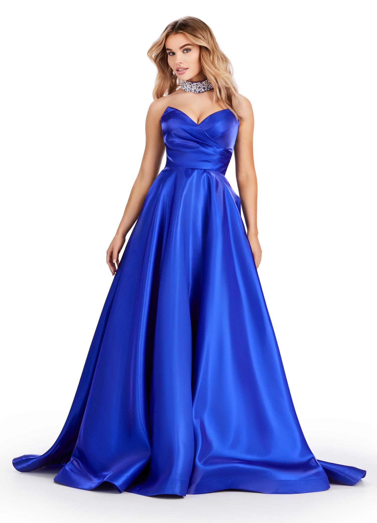 Royal ASHLEYlauren 11473 elegant A-line satin ball gown featuring a strapless sweetheart neckline, ruched bustier, and a fully beaded matching choker for a timeless and glamorous look.
