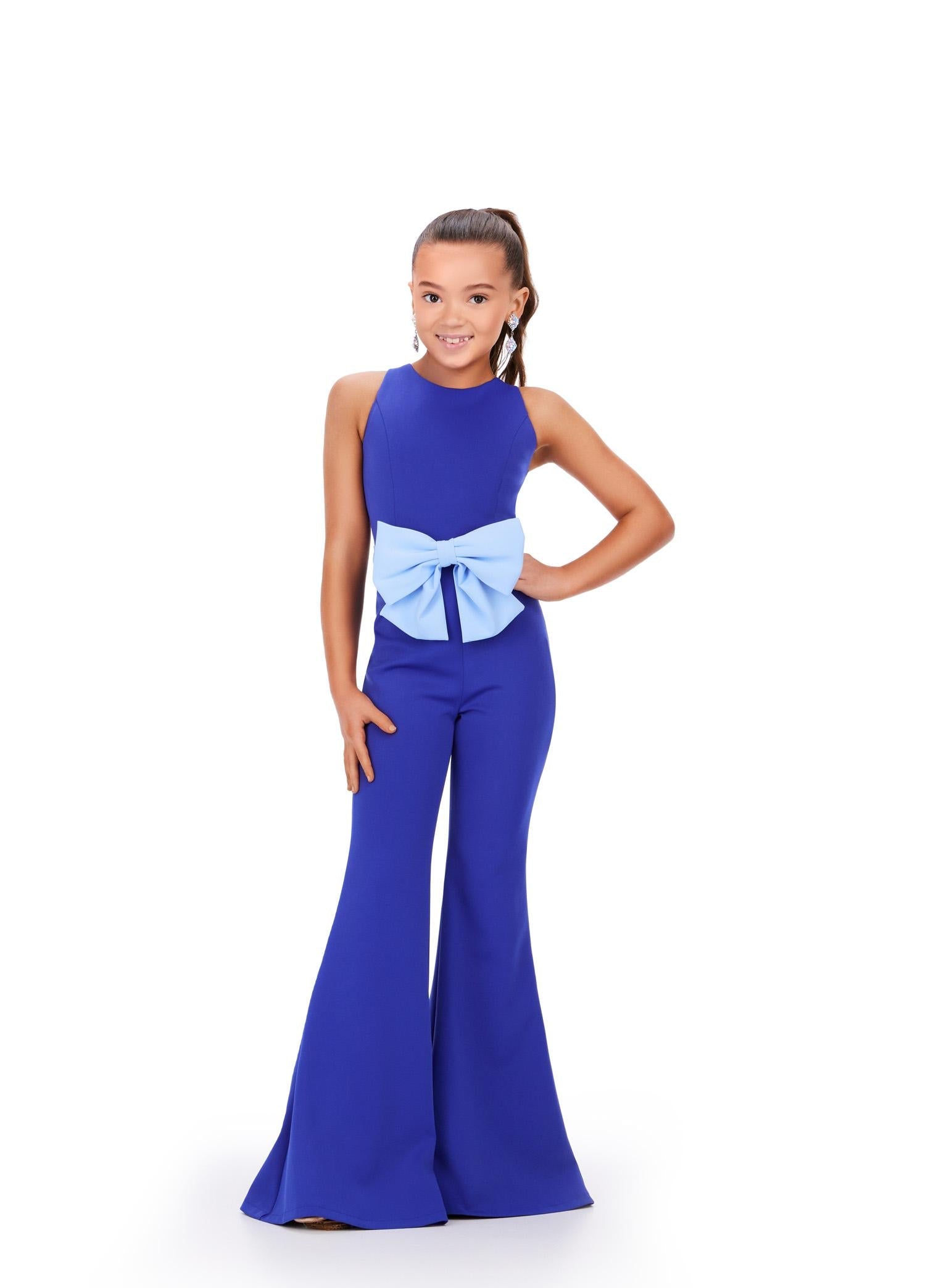 Royal/Light Blue ASHLEYlauren Kids 8201 Scuba Jumpsuit with Oversized Front Bow and Flare Pants