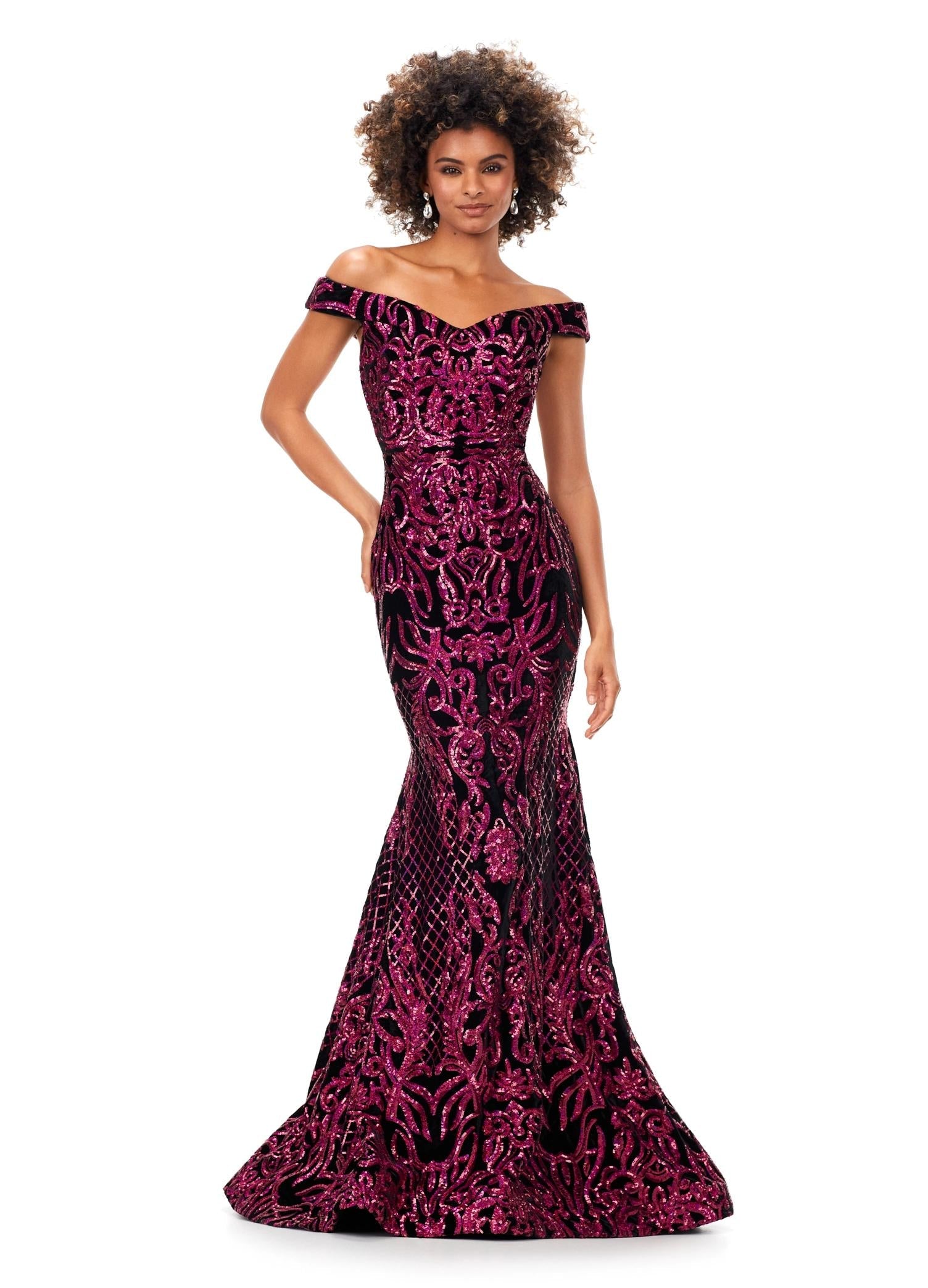 Ruby Red ASHLEYlauren 11330 elegant off shoulder velvet sequin gown featuring a signature criss-cross back, a fitted silhouette, horsehair hem, and a sweep train for a sophisticated and glamorous look.