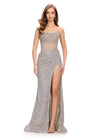 ASHLEYlauren 11238 | Silver jaw-dropping strapless gown featuring a fitted silhouette, corset bustier with stunning crystal beadwork, a fully beaded wrap skirt, and a left leg slit for a glamorous red carpet-worthy look.