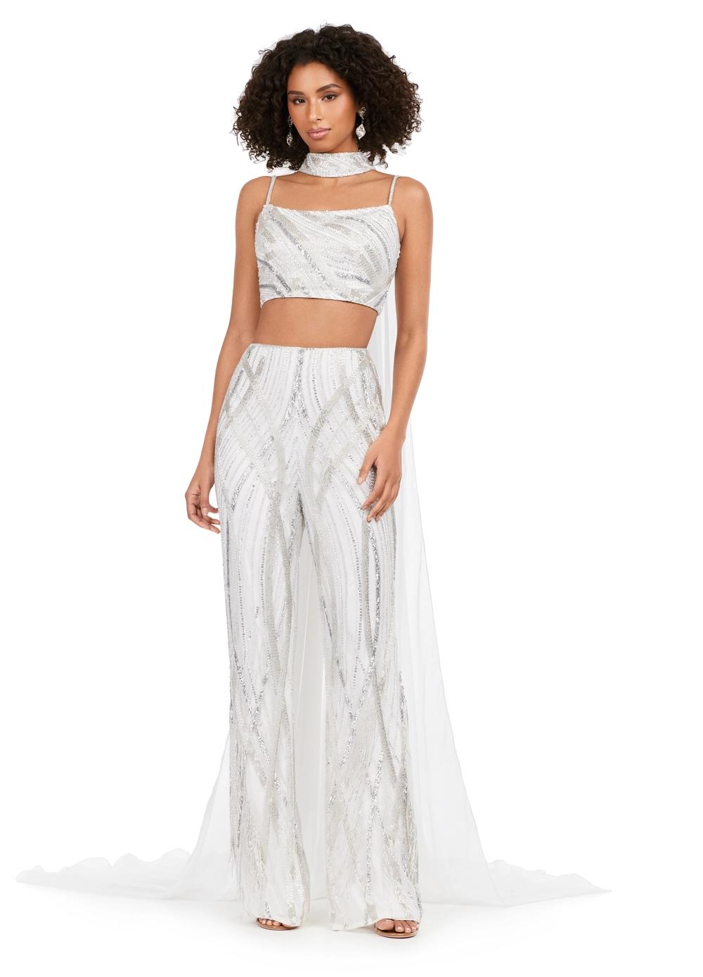 Silver ASHLEYlauren 11385 statement two-piece jumpsuit featuring an intricately hand-beaded bustier and pants, a matching beaded choker, and a dramatic chiffon cape for a bold and fashion-forward look.