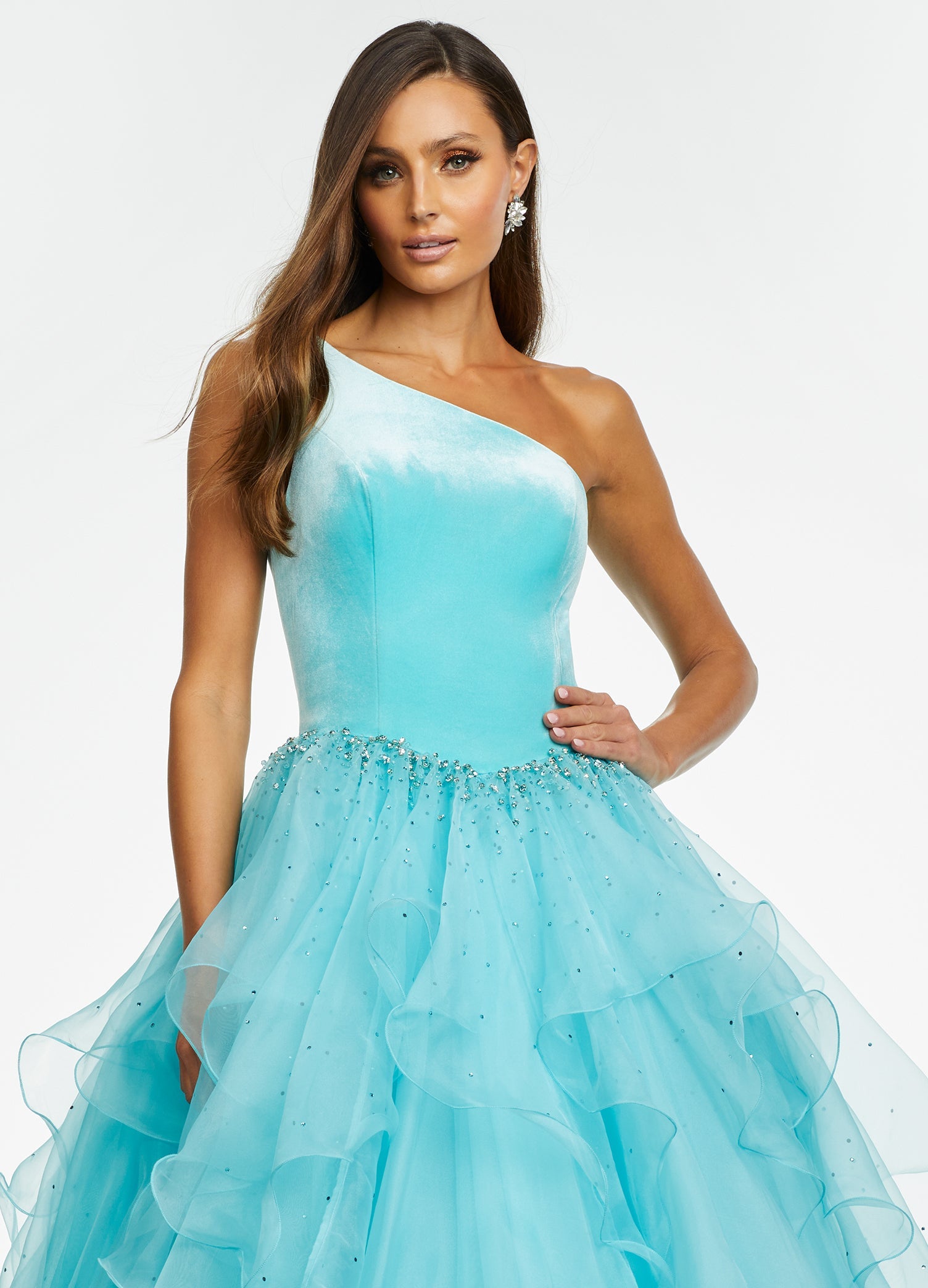 Sky ASHLEYlauren 11165 One-Shoulder Ball Gown with Velvet Bustier, Crystal Accents, and Full Organza Handkerchief Skirt