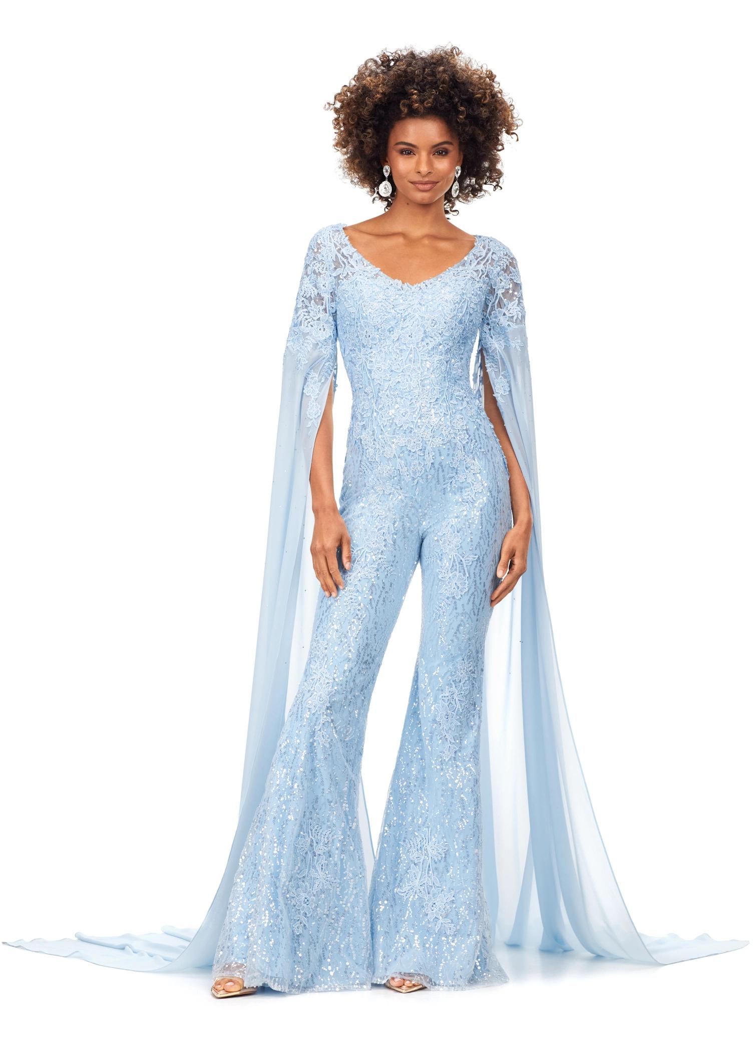 Sky ASHLEYlauren 11254 statement-making jumpsuit featuring a V-neckline bustier, intricate lace applique, sequin embellishments, and dramatic chiffon floor-length sleeves for a bold and glamorous entrance.