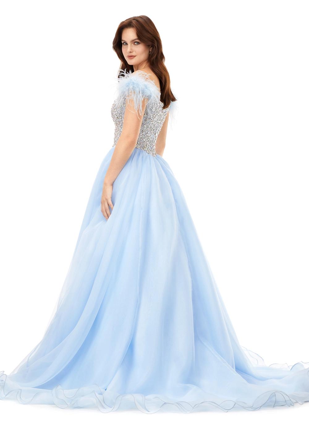 Back - Sky ASHLEYlauren 11314 off shoulder gown featuring feather straps, a crystal-encrusted bustier, and a flowing organza A-line skirt with wire hem.
