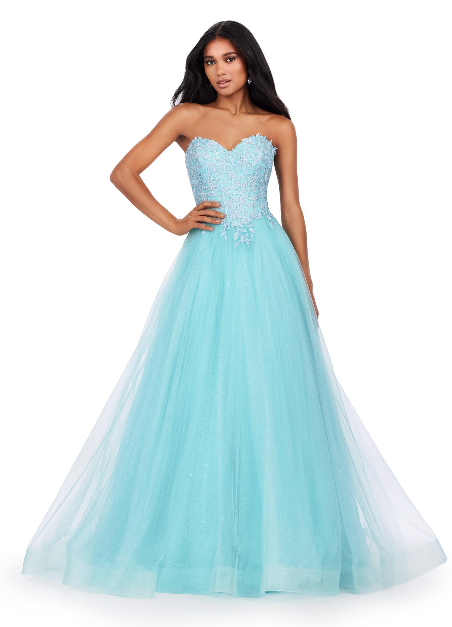 Sky ASHLEYlauren 11518 Romantic A-Line Glitter Tulle Ball Gown with Sweetheart Neckline, Lace Appliqué Corset Bodice, and Lace Up Back