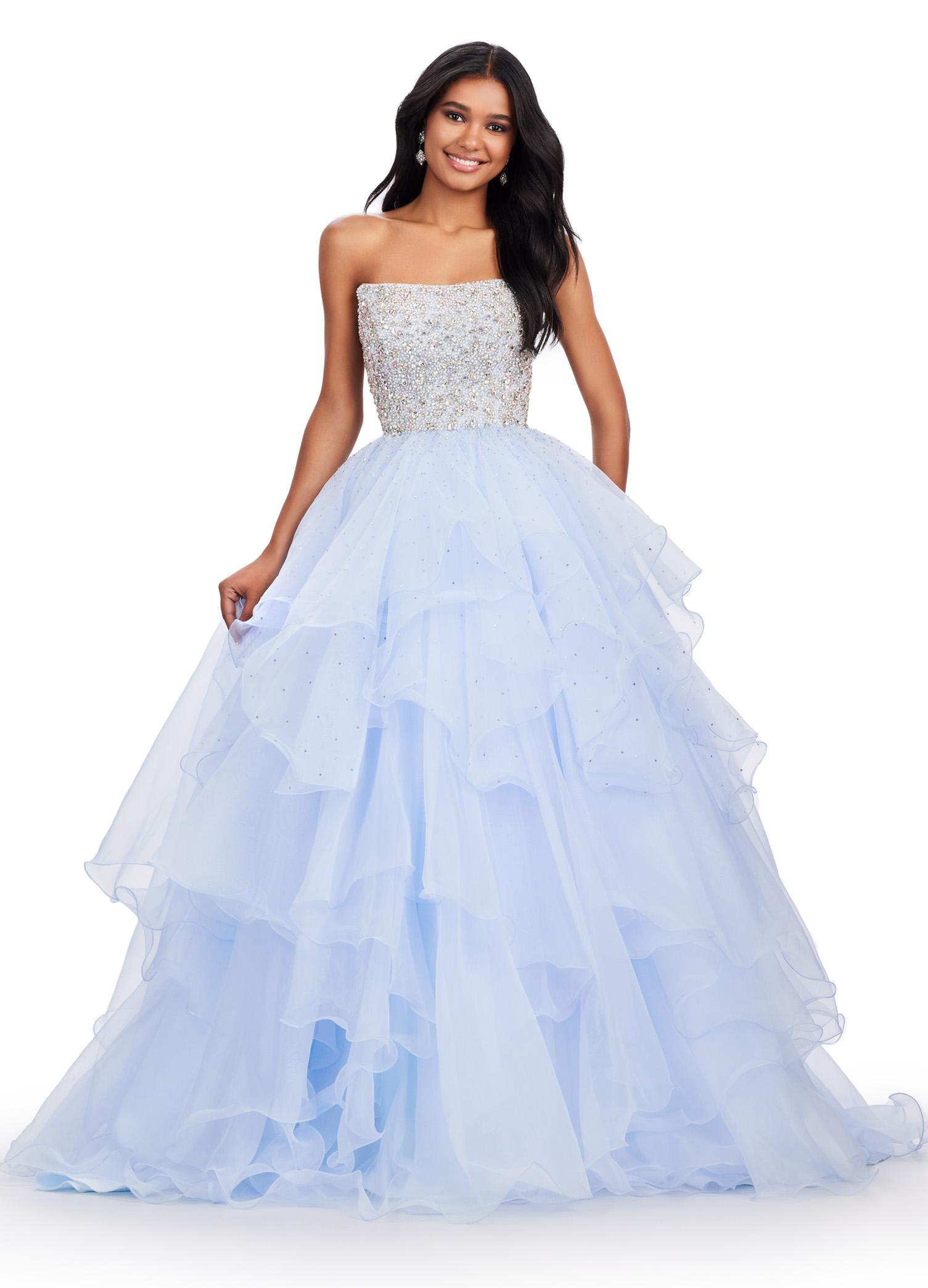 Sky ASHLEYlauren 11545 Strapless Organza Ball Gown with Beaded Bustier, Ruffled Organza Skirt, and Handkerchief Hem