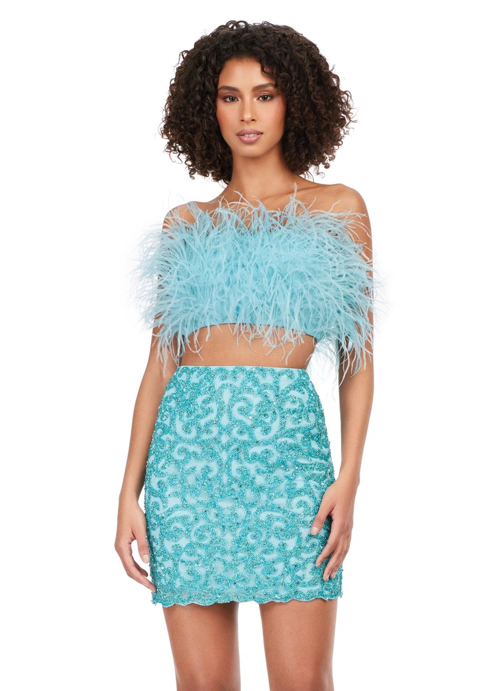 Sky ASHLEYlauren 4599 – A stunning two-piece set featuring a strapless feather bustier and a fully beaded fitted skirt. This gorgeous, statement-making outfit is a must-have addition to your closet.