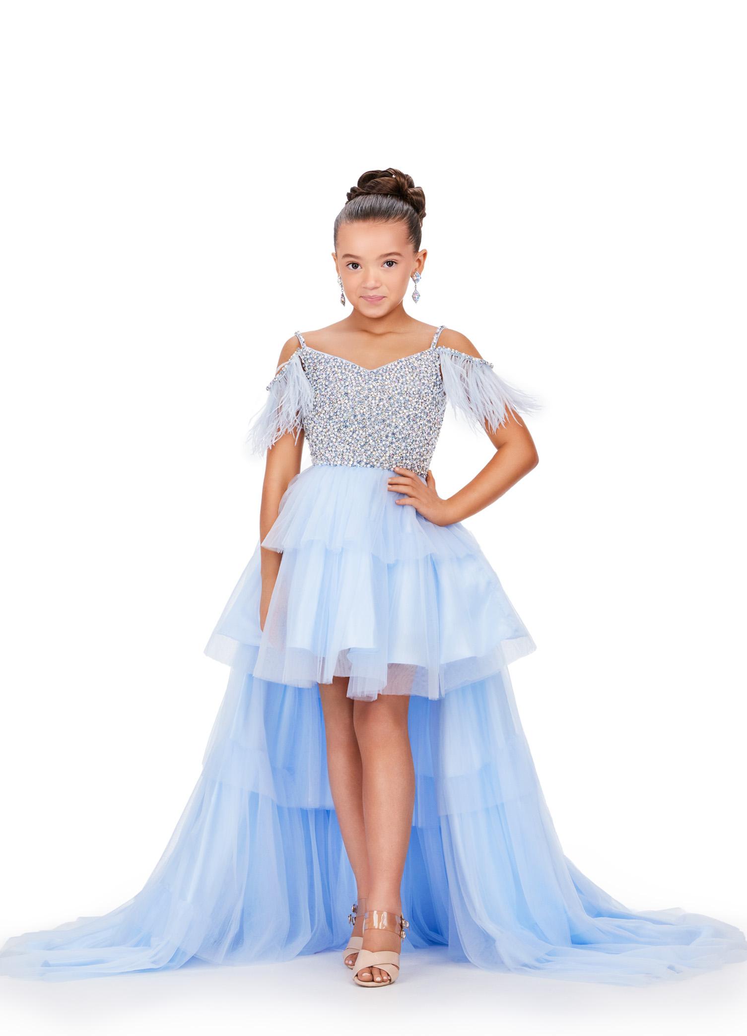 Sky ASHLEYlauren 8259 fun and flirty kids high-low tulle dress featuring a V-neckline, V-back, off shoulder feather straps, and a crystal-encrusted beaded bustier for a dazzling and stylish look.