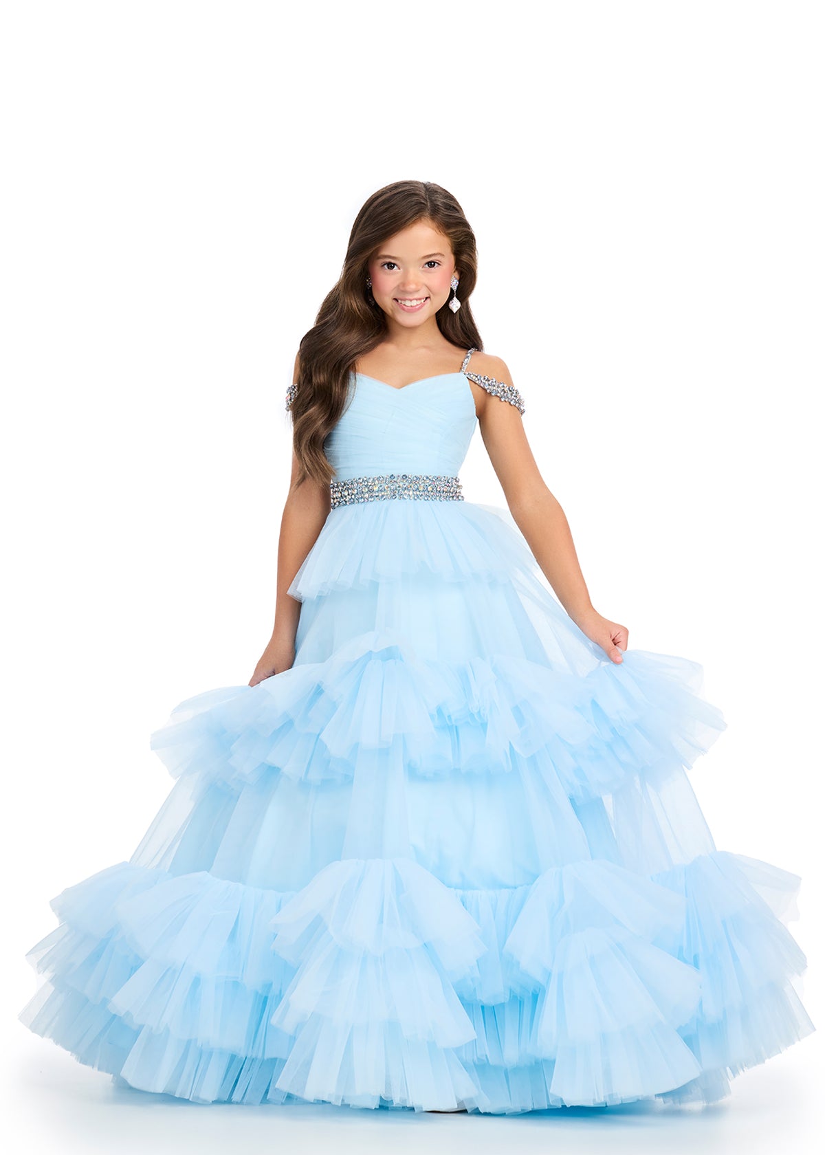 Sky ASHLEYlauren 8281 stunning tulle kids ball gown featuring an off-shoulder design, ruched bodice, crystal-encrusted straps, a beaded waistline, and a tiered skirt for a show-stopping and elegant look.
