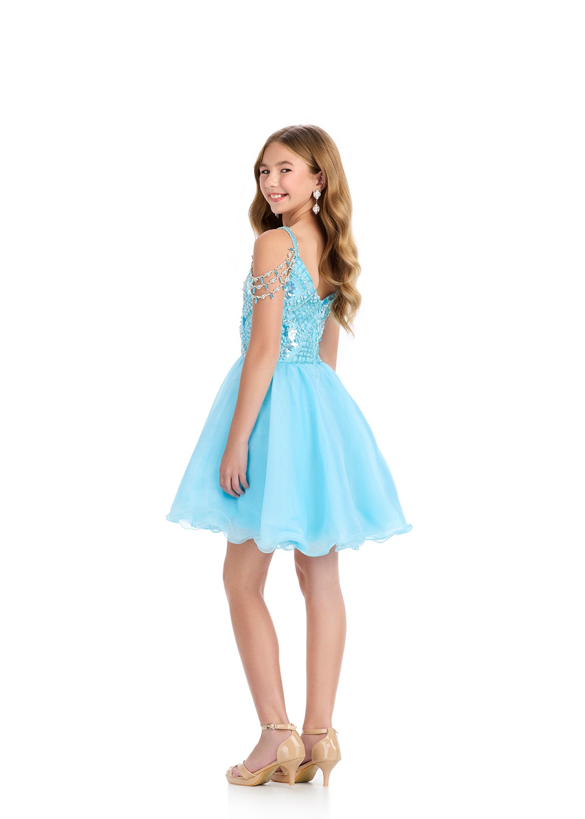 Back - Sky ASHLEYlauren 8291 Off-Shoulder Organza Cocktail Dress with Beaded Straps, Beaded Belt, and Ball Gown Skirt