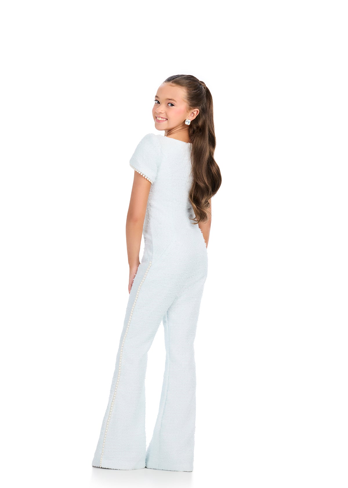 ASHLEYlauren 8309 Tweed Jumpsuit with Pearl Trim