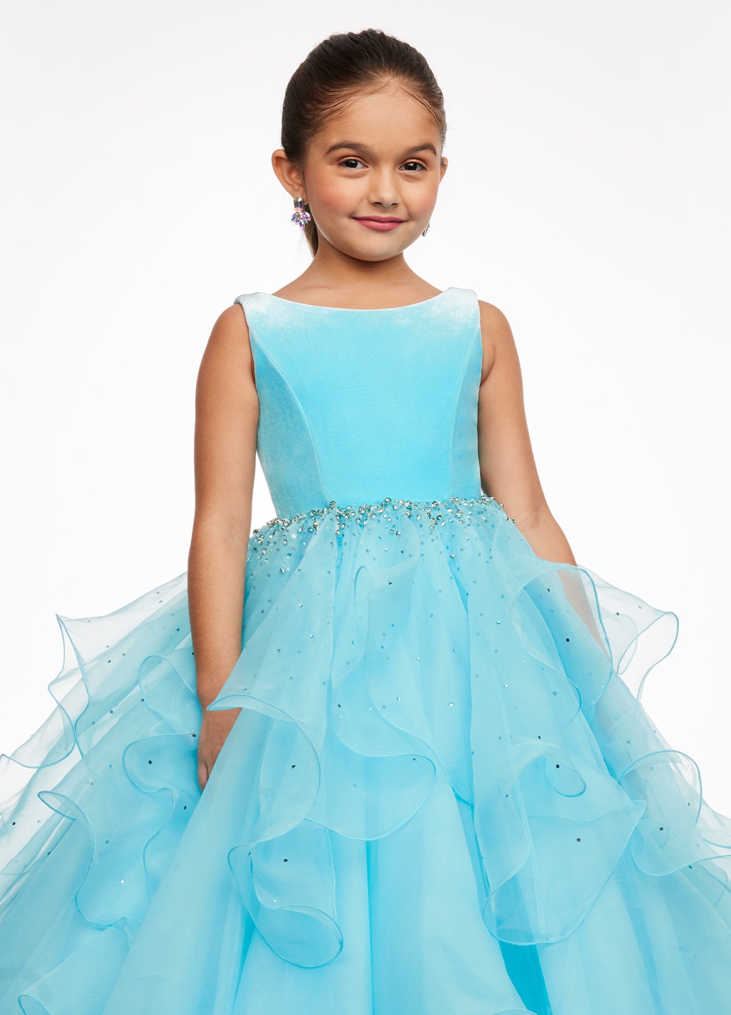 Sky ASHLEYlauren Kids 8120 elegant ball gown featuring a crew neckline, velvet bustier, beaded waistline, and cascading press-on stone details over a handkerchief organza skirt for a sophisticated and graceful look.